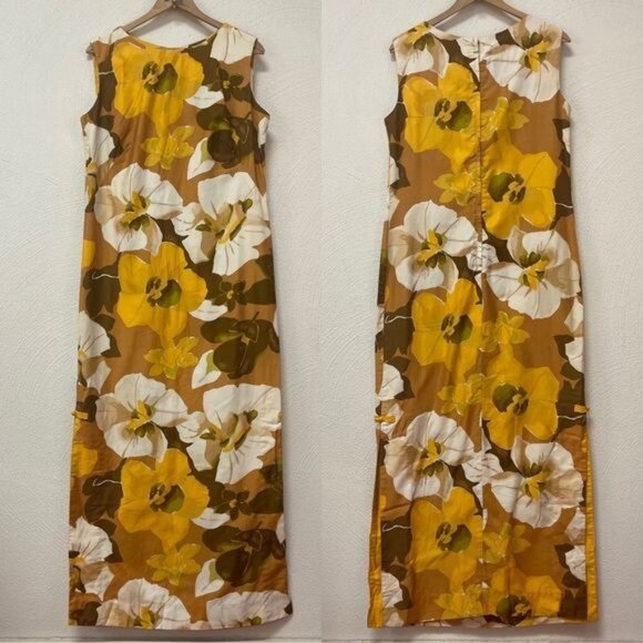 Vintage 1960's Hawaiian Casuals by Stan Hicks Yellow Floral Maxi Dress Sz Med - Picture 1 of 8